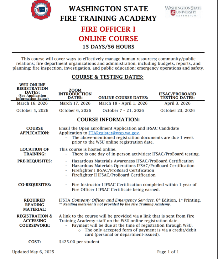 03/16/26 - 04/03/26 - Washington State Fire Training Academy Fire Officer I - Online
