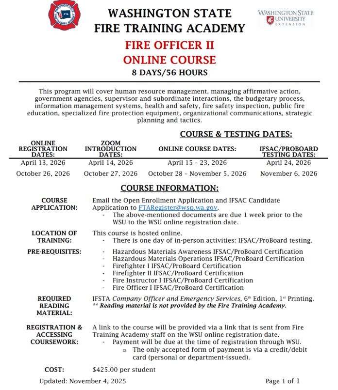 04/13/26 - 04/24/26 - Washington State Fire Training Academy Fire Officer II - Online