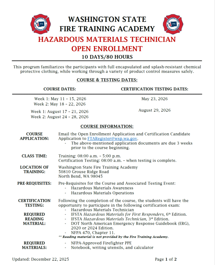 05/11/26 - 05/23/26 - Washington State Fire Training Academy Hazardous Materials Technician - North Bend, WA