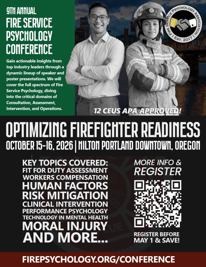 10/15/26 - 10/16/26 - The Ninth Annual Fire Service Psychology Association (FSPA) Annual Conference - Portland, OR