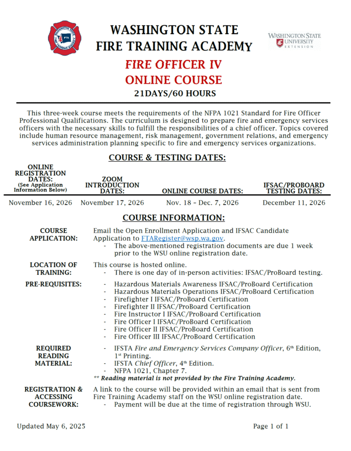 11/16/26 - 12/11/26 - Washington State Fire Training Academy Fire Officer IV - Online