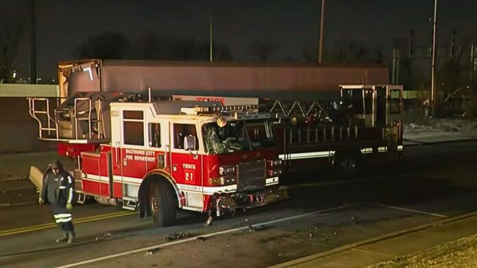 Baltimore fire truck crashes on icy road, injuring four firefighters during response