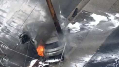 VIDEO: EV bursts into flames after slamming into power pole in North Hollywood