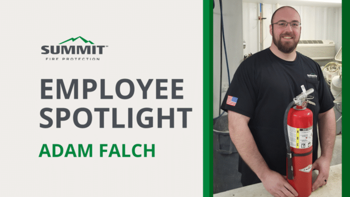 Text saying "employee spotlight - Adam Falch" and a picture of Adam with a fire extinguisher
