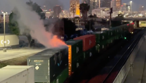 Freight container catches fire on moving train in Los Angeles